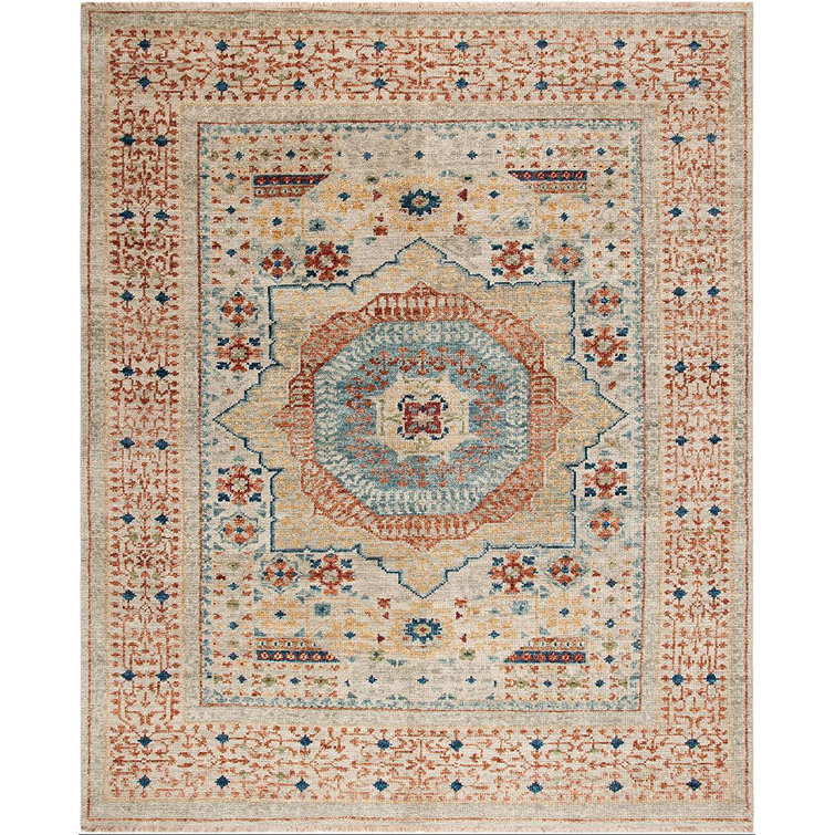 Ivory and Rust Hand-Knotted Wool 6' x 9' Area Rug