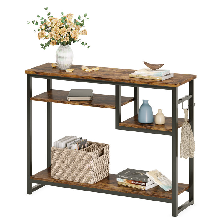 Rustic Brown Metal Console Table with 4-Tier Storage Shelves