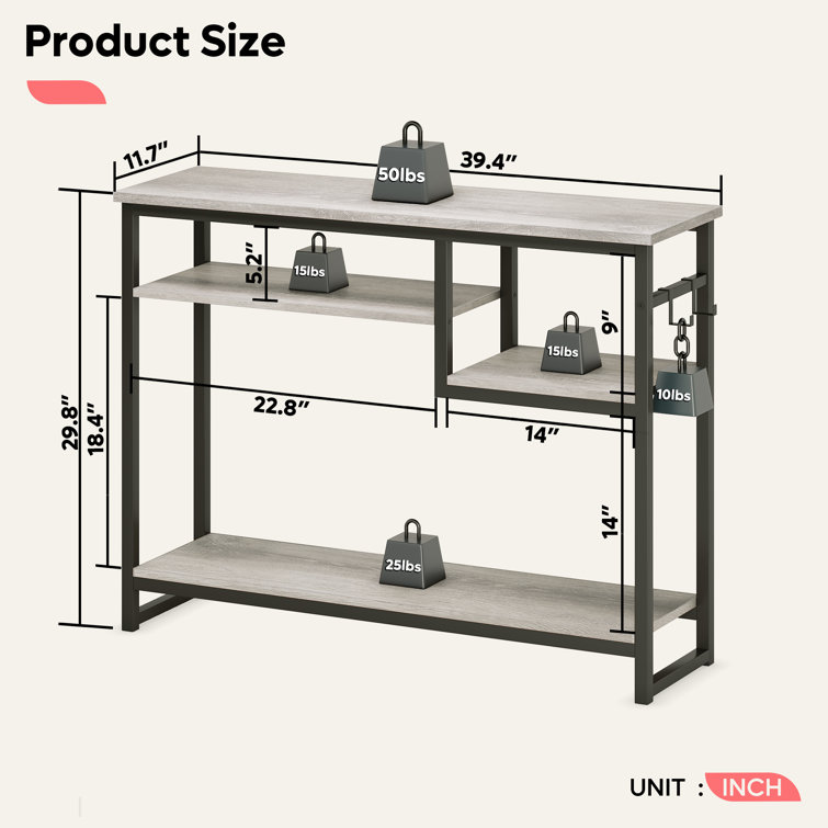 Gray Wood and Metal Console Table with Storage Shelves