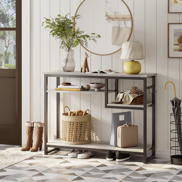 Gray Wood and Metal Console Table with Storage Shelves