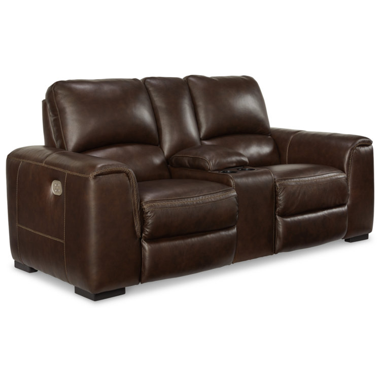 Walnut Faux Leather Power Reclining Loveseat with Cup Holder