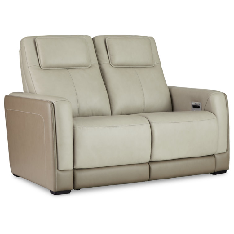 Contemporary Beige-White Leather Power Reclining Loveseat