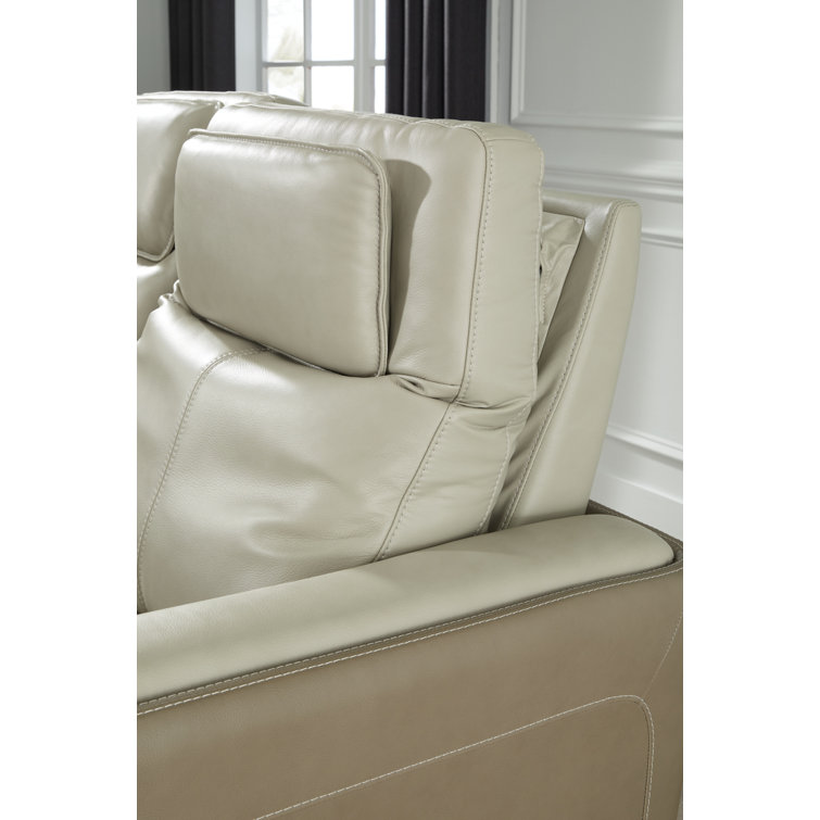 Contemporary Beige & White Faux Leather Power Reclining Sofa