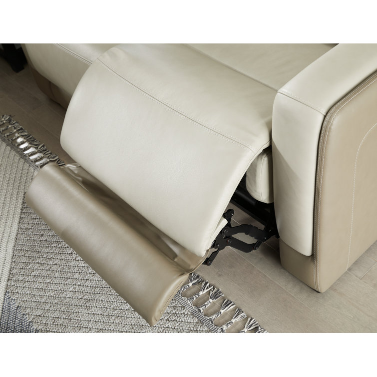 Contemporary Beige & White Faux Leather Power Reclining Sofa