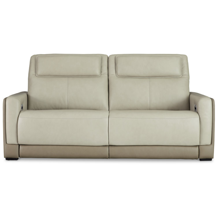 Contemporary Beige & White Faux Leather Power Reclining Sofa