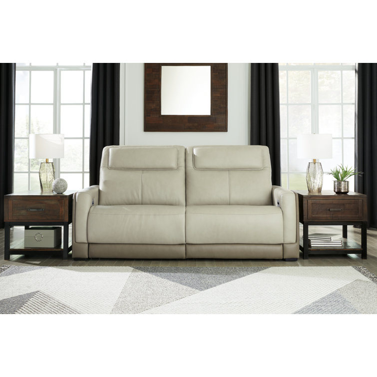 Contemporary Beige & White Faux Leather Power Reclining Sofa