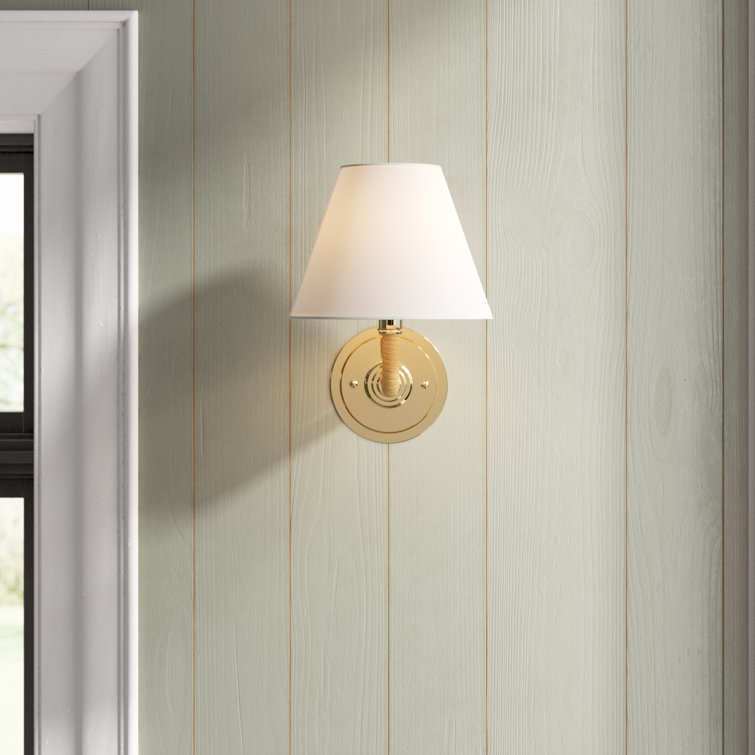 Curves No.1 Aged Brass Single Light Wall Sconce with Off-White Linen Shade