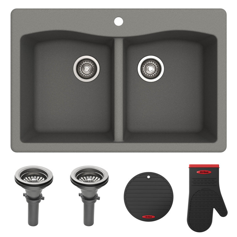 Gray Granite Dual Bowl Drop-In Kitchen Sink with Accessories