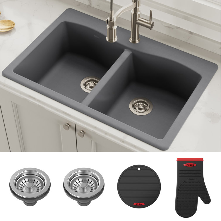 Gray Granite Dual Bowl Drop-In Kitchen Sink with Accessories