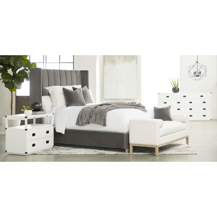 Gray Velvet Upholstered Queen Bed with Oak Frame
