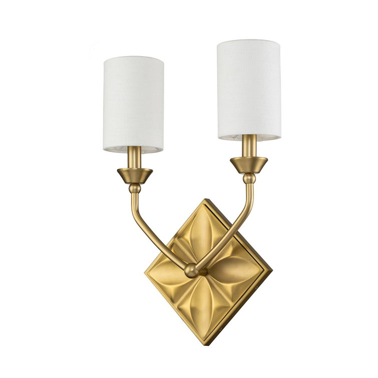 Aged Brass Dual Light Sconce with White Fabric Shades