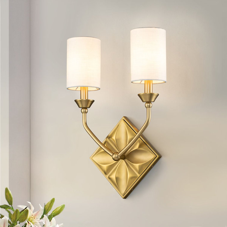 Aged Brass Dual Light Sconce with White Fabric Shades