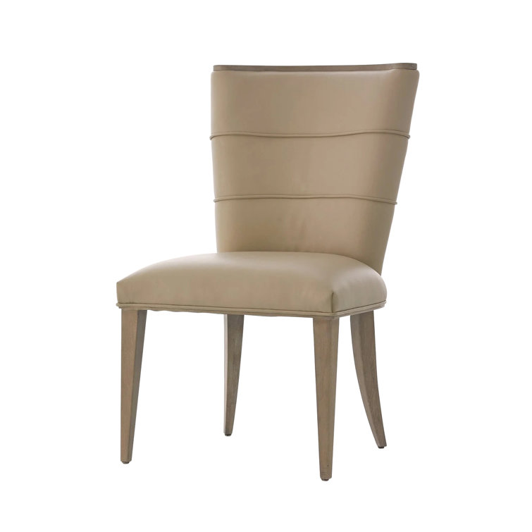 Beige Leather Upholstered Side Chair with Wood Trim
