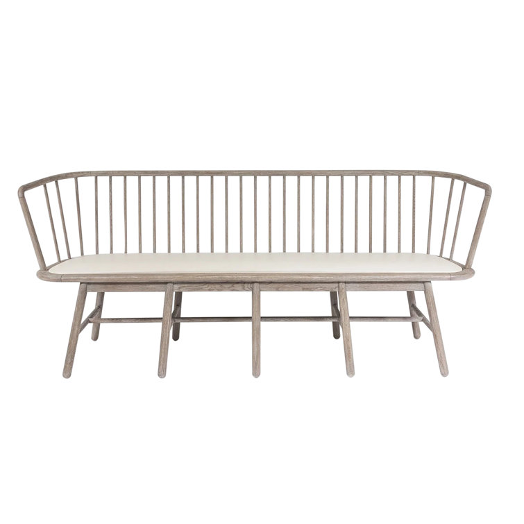 Beige Genuine Leather Beechwood Spindle Long Bench