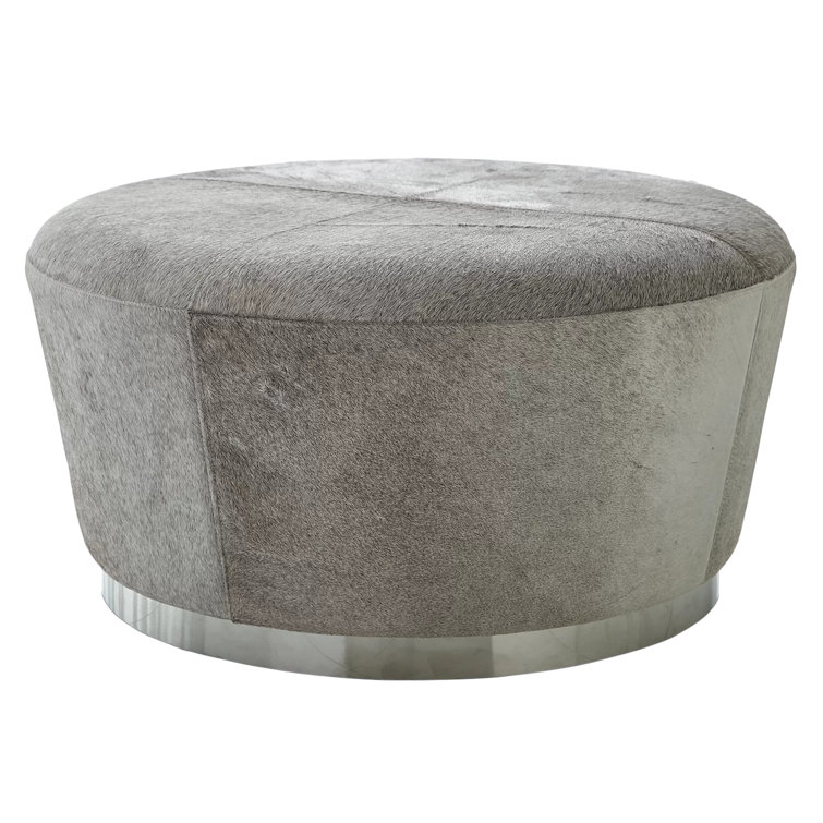 Round Gray Hair-on-Hide Ottoman with Nickel Trim