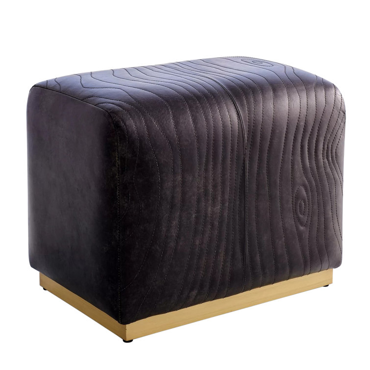Charcoal Cowhide Leather Ottoman with Antique Satin Gold Legs