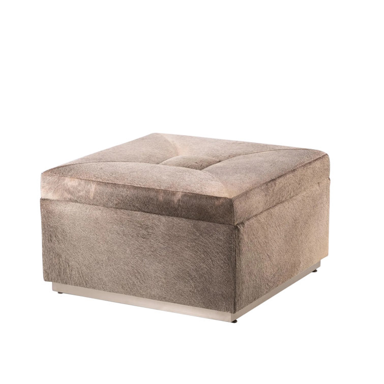 Luxurious Grey Cowhide Leather Square Storage Ottoman with Silver Accents
