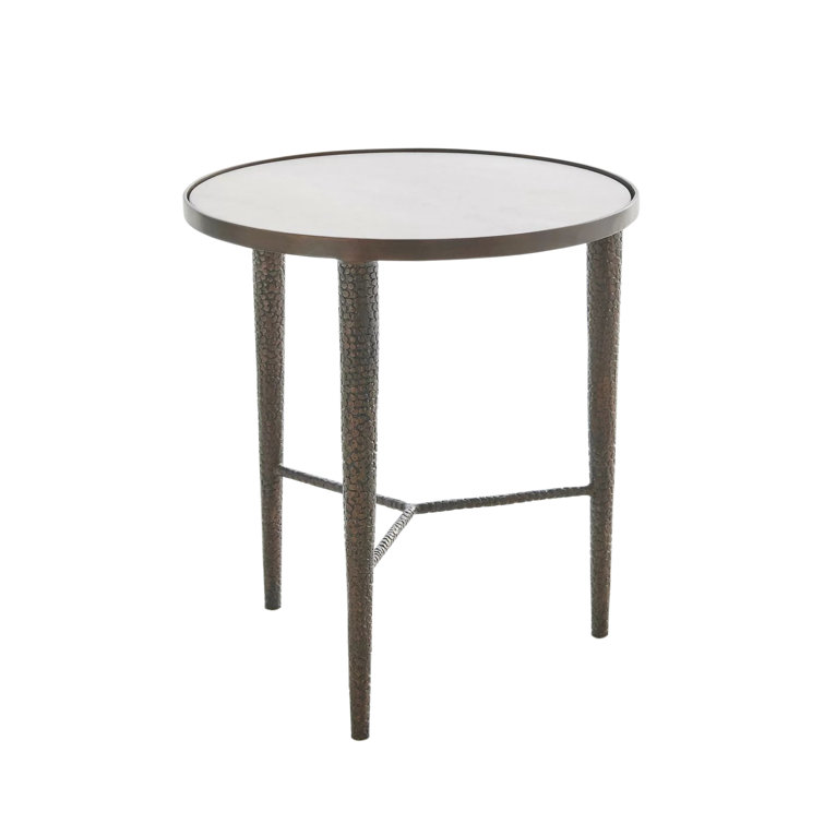 Antique Brass Round Stone Top End Table with Pebble Textured Metal Storage