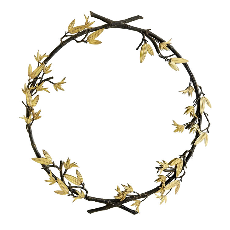 Bronze Bamboo Round Wall Mirror with Leaf Accents