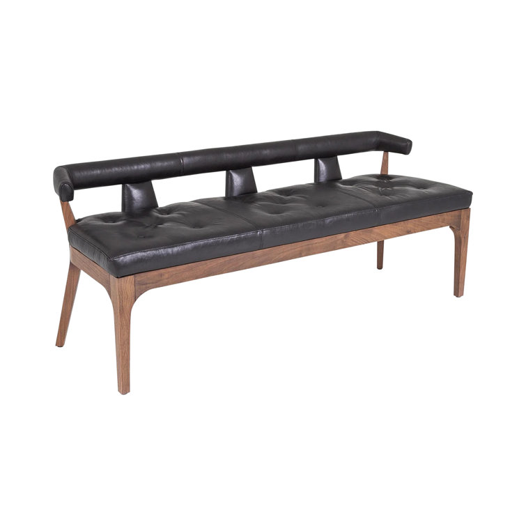 Sleek Moderno Black Marble Leather Bench with Natural Walnut Frame