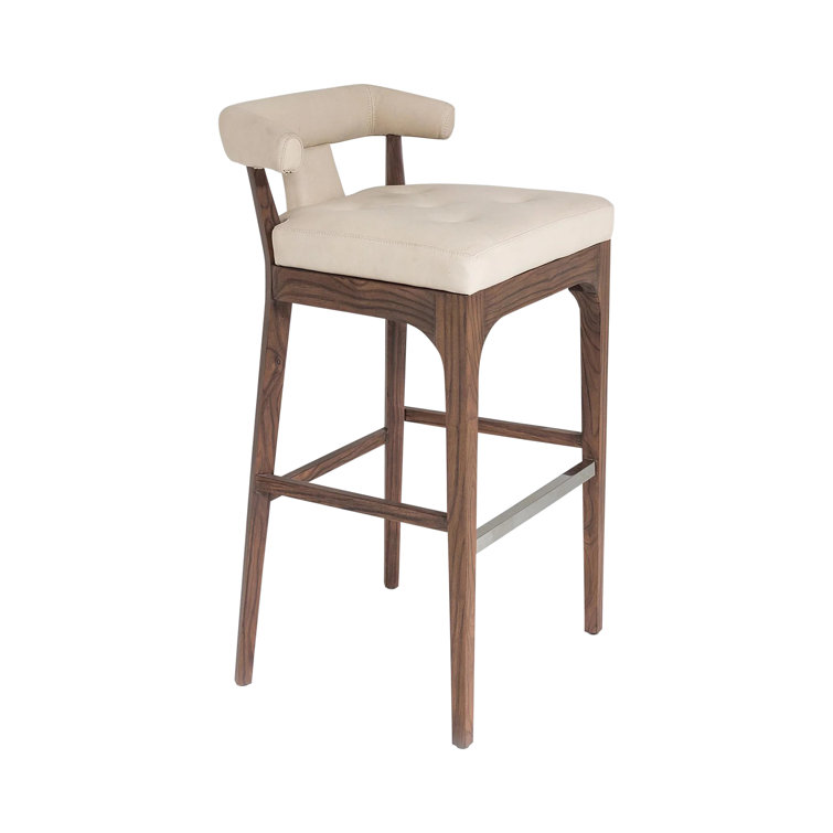 Ivory Leather and Walnut Bar Stool with Stainless Steel
