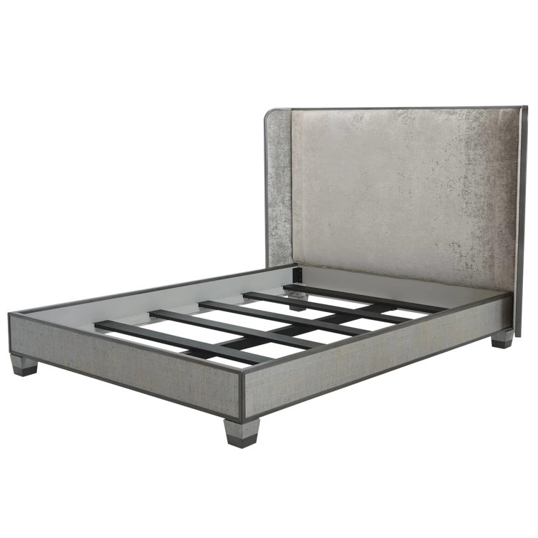 Pewter Velvet Upholstered Queen Bed with Winged Headboard