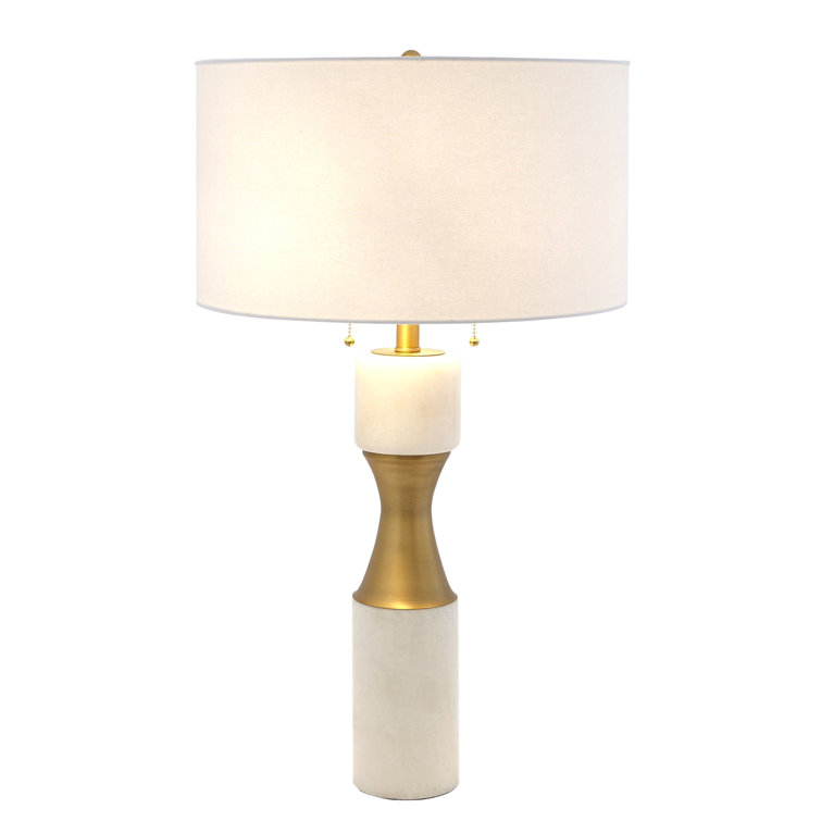Elegant Brass and White Marble Dual-Light Table Lamp with Linen Shade