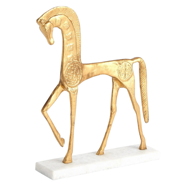 Equestrian Grace Gold Leaf Iron Horse Sculpture on Marble Base