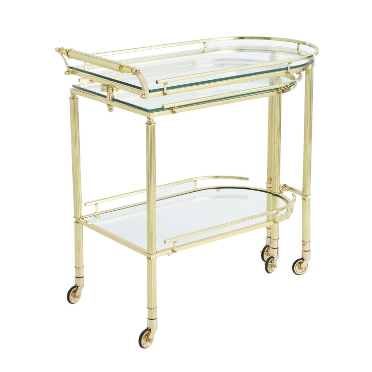 Shiny Brass and Glass Folding Bar Cart with Storage