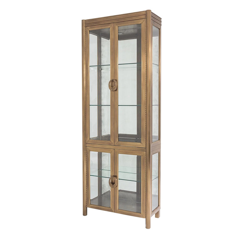 Lighted Poplar and Dark Brass China Cabinet with Glass Shelves