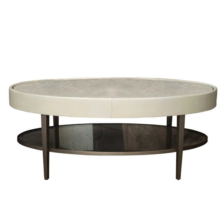 Ivory and Gray Oval Wood Metal Glass Coffee Table