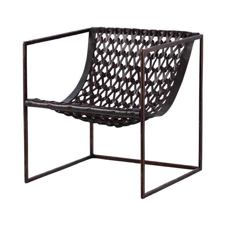 Handcrafted Bronze Metal & Brown Leather Armchair