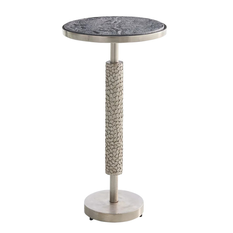Antique Nickel Hammered Round Martini Table with Grey Marble Top