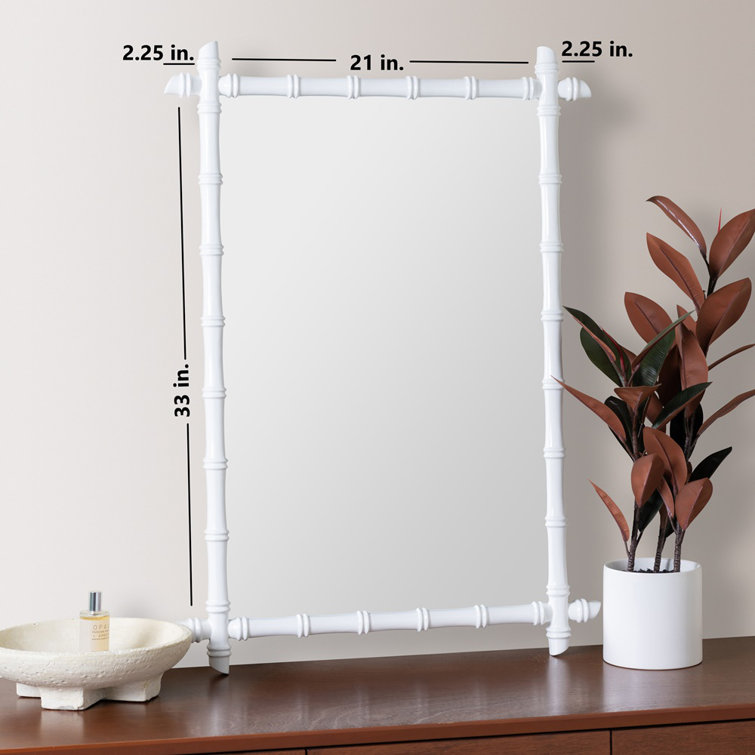 Glossy White Bamboo-Inspired Rectangular Wall Mirror