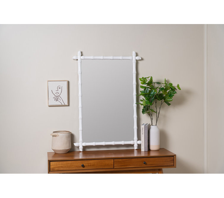 Glossy White Bamboo-Inspired Rectangular Wall Mirror