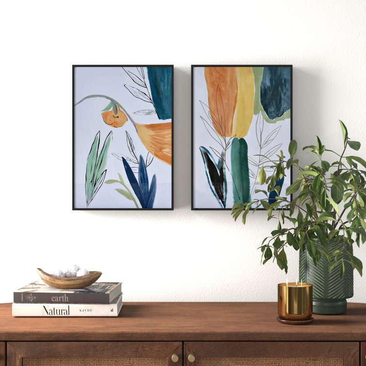 Abstract Floral Watercolor Print in Black Metal Frame, Set of 2