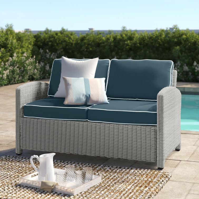 Gray Steel Frame Navy Cushioned Wicker Outdoor Loveseat