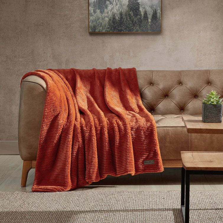 Orange Ribbed Reversible Plush Fleece Throw Blanket