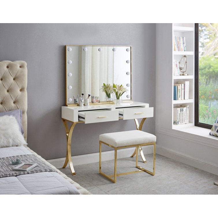 Monroe Gold Stainless Steel and White Lacquer Vanity Desk Console
