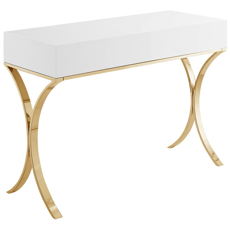 Monroe Gold Stainless Steel and White Lacquer Vanity Desk Console
