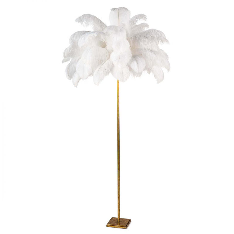 Tall Gold Leaf Floor Lamp with White Feather Shade