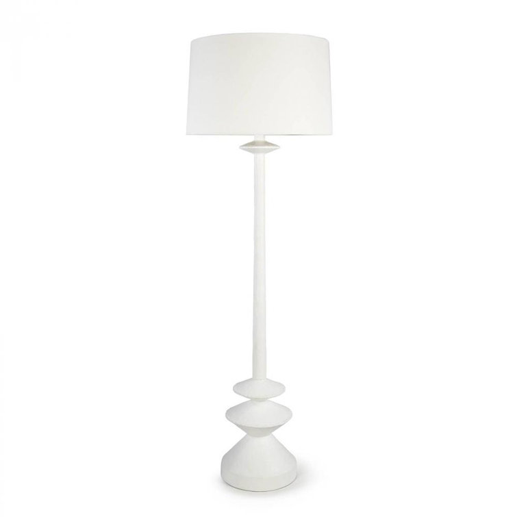Matte White Linen Shade Floor Lamp with Polished Brass Accents