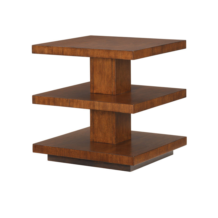 Transitional Brown Wood and Stone Rectangular Lamp Table