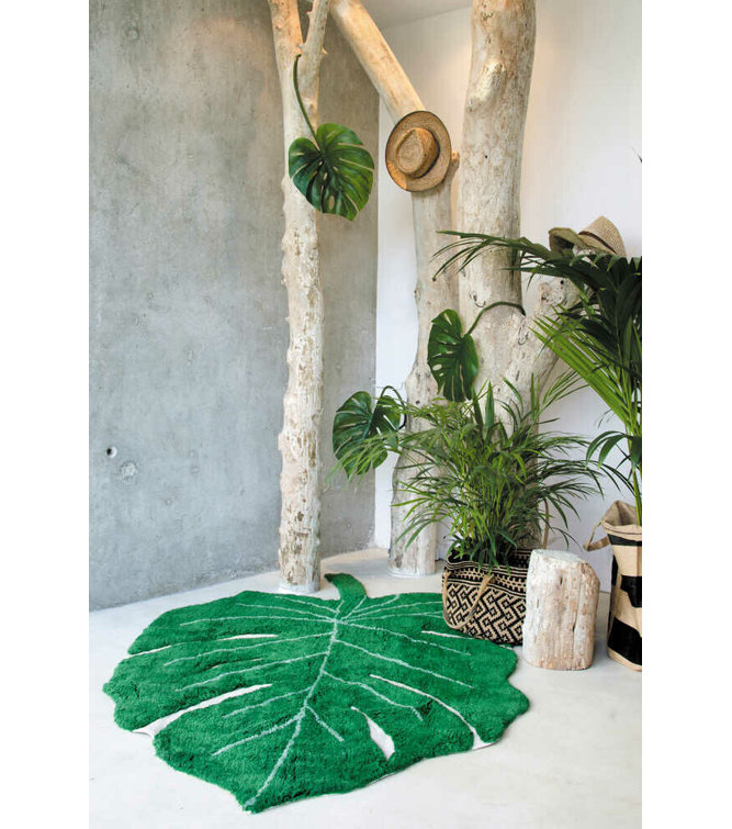 Green Monstera Leaf Hand-Knotted Cotton Area Rug