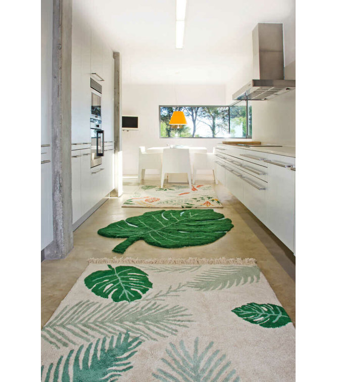 Green Monstera Leaf Hand-Knotted Cotton Area Rug