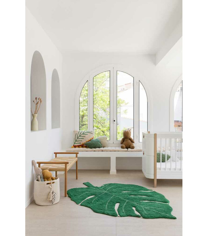 Green Monstera Leaf Hand-Knotted Cotton Area Rug