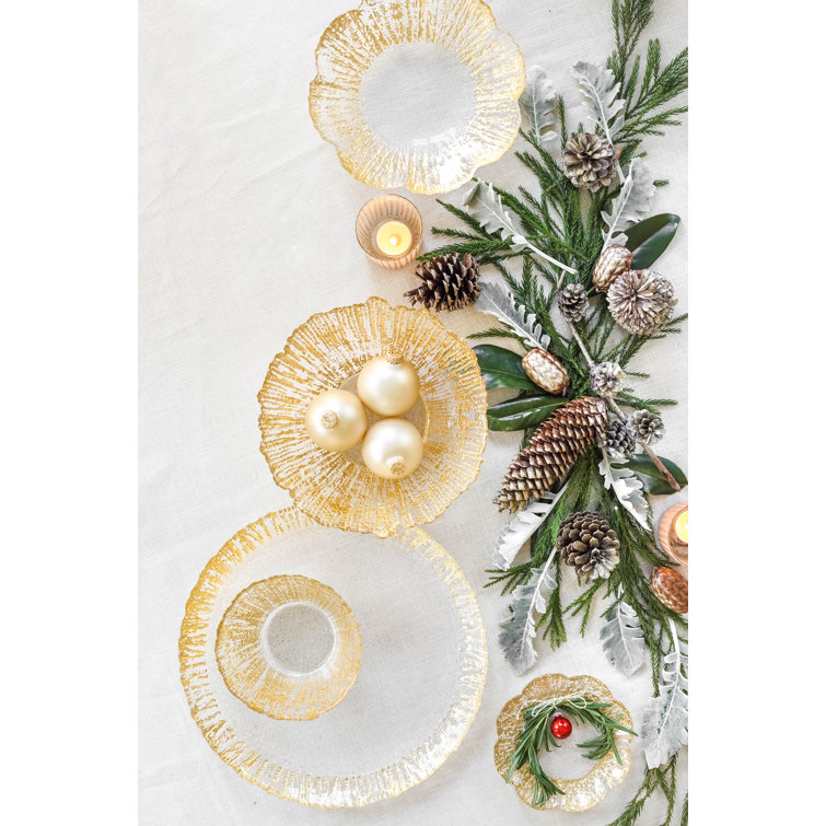 Gold Textured Glass Round Serving Platter with Embellished Border