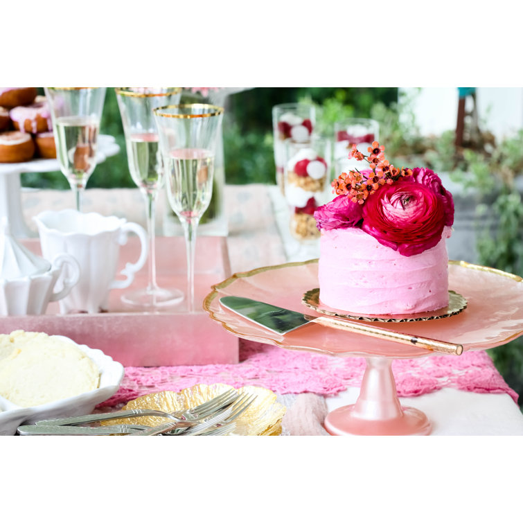 Elegant Pink Glass Cake Stand with Gold Rim, 12.25"