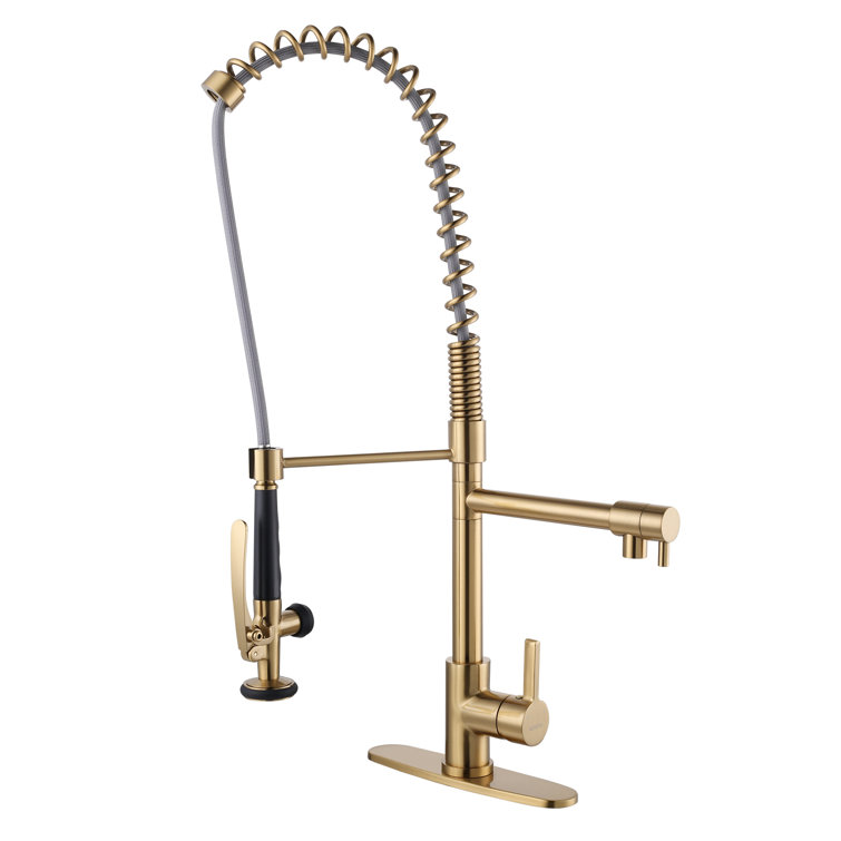 Brushed Gold Single Handle Pull-Out Kitchen Faucet with Deck Plate