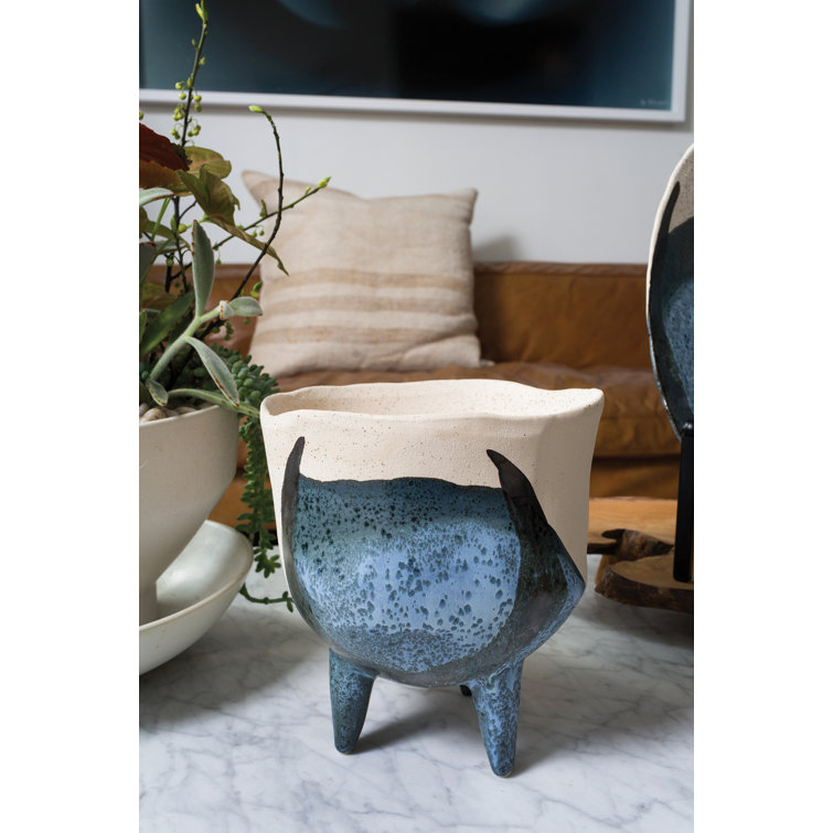 Finn Blue and Off-White Ceramic Footed Planter